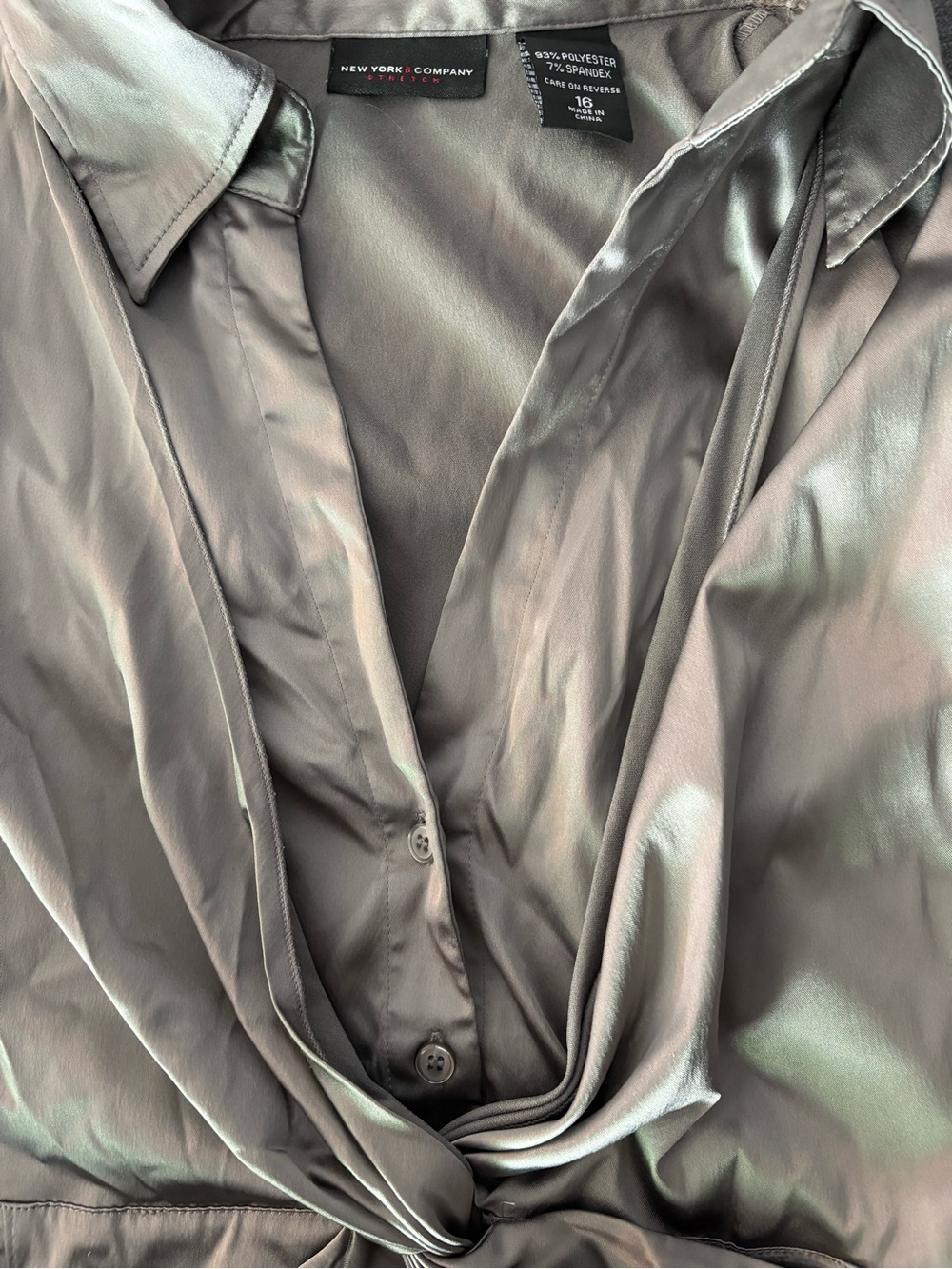 New York & Company Silver Satin Knot-Front Button Down Blouse - Picture 6 of 9